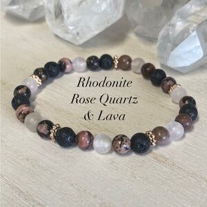 6mm Rhodonite, Rose Quartz & Lava Gemstone Bracelet. Essential Oil Bracelet